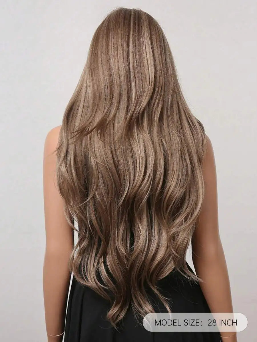 28 Inch Long Curly Wig With Bangs Ombre Brown Hair Style Wigs For Women Highlight Blonde Synthetic Wig For Daily Party Heat Resistant