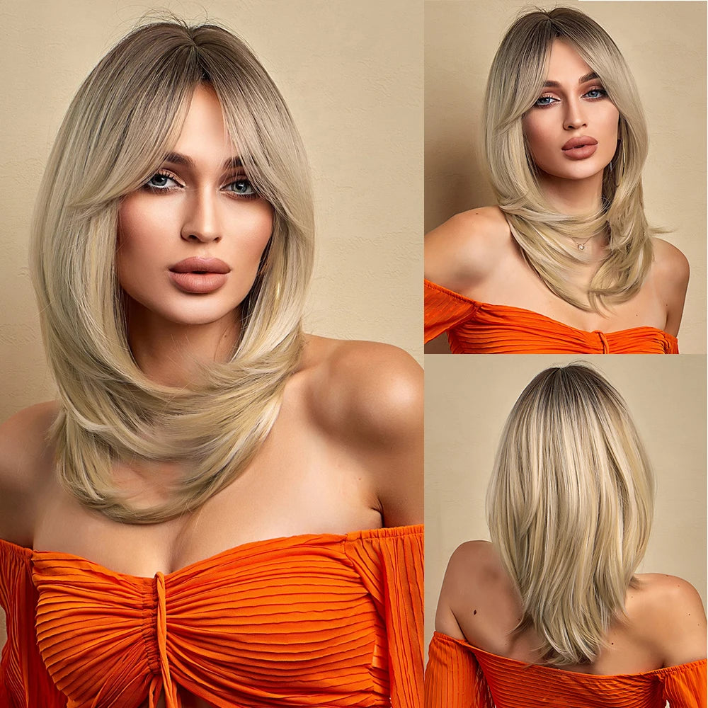 Blonde Unicorn Synthetic Medium Long Straight Brown Blonde Wig For Women Cosplay Daily Party Wigs Heat Resistant False Hair Style