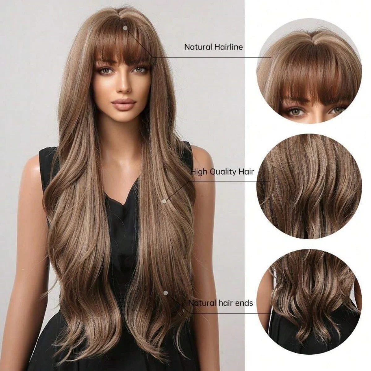 28 Inch Long Curly Wig With Bangs Ombre Brown Hair Style Wigs For Women Highlight Blonde Synthetic Wig For Daily Party Heat Resistant