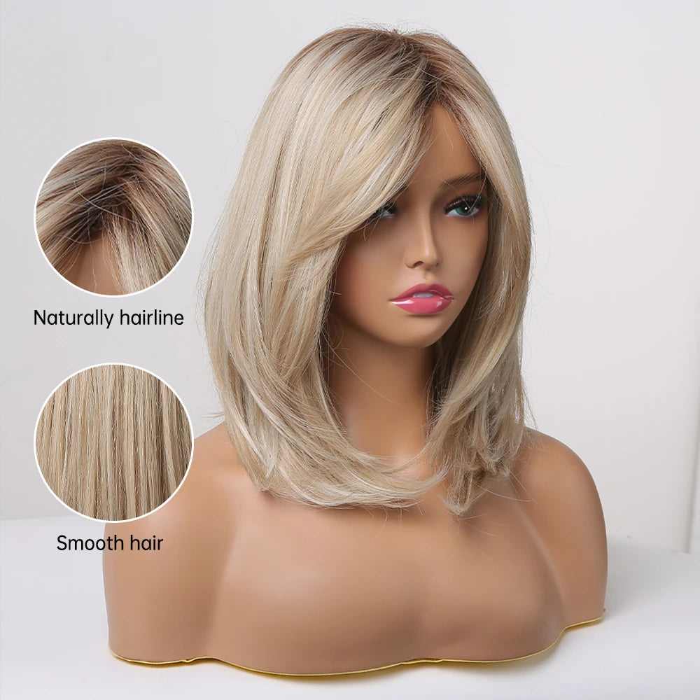 ALAN EATON Layered Synthetic Wig with Bangs Straight Short Highlights Blonde Hair Wigs with for Women Daily Use