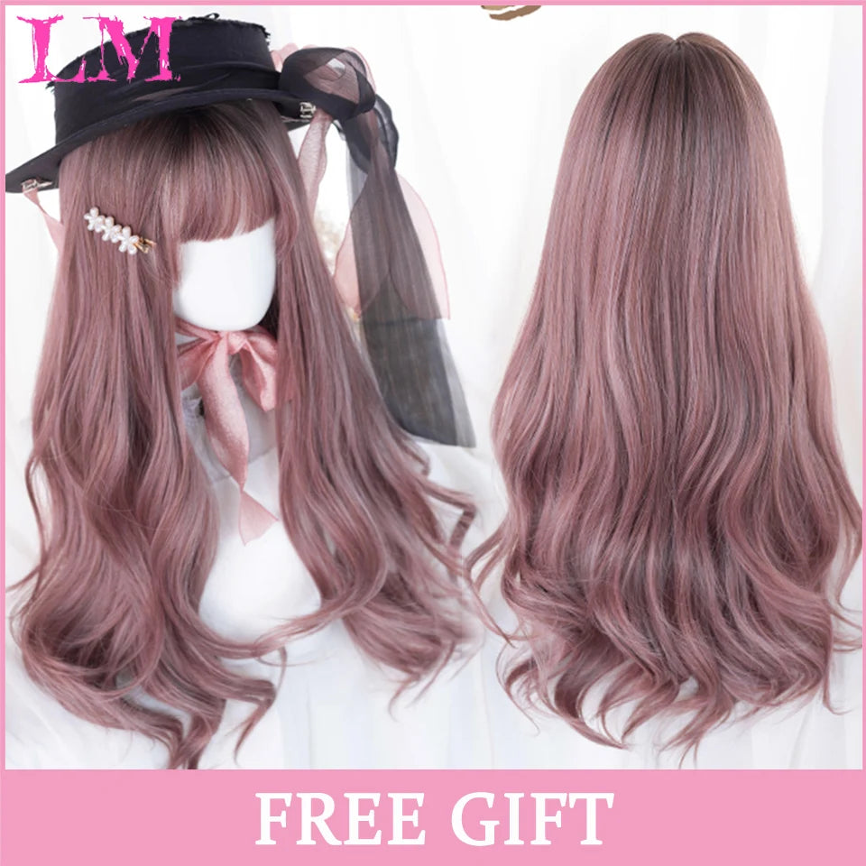 LM Cosplay Wig With Bangs Synthetic Straight Hair Wigs 24 Inch Long Heat-Resistant Pink Hair Style For Women