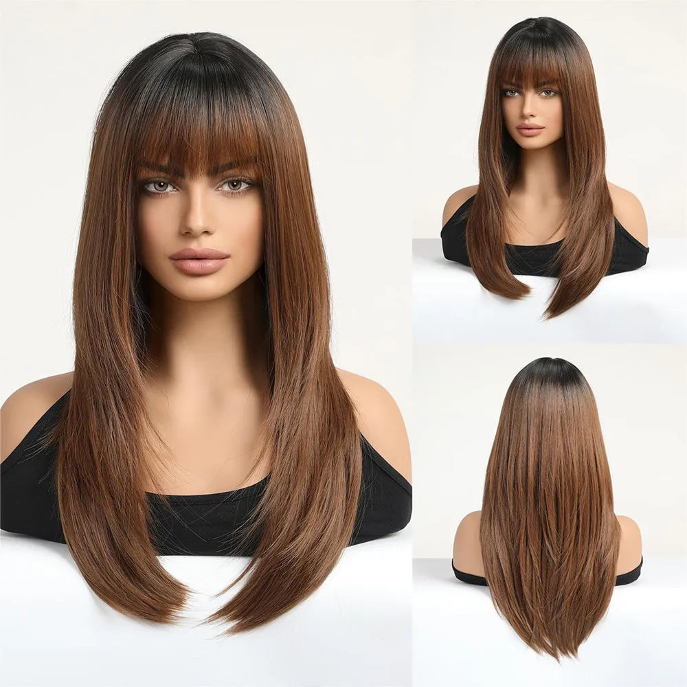 ALAN EATON Long Brown Highlight Synthetic Wig Layered Straight Hair Style Wigs Realistic Fake Hair for Daily Wear High Temperature Wigs
