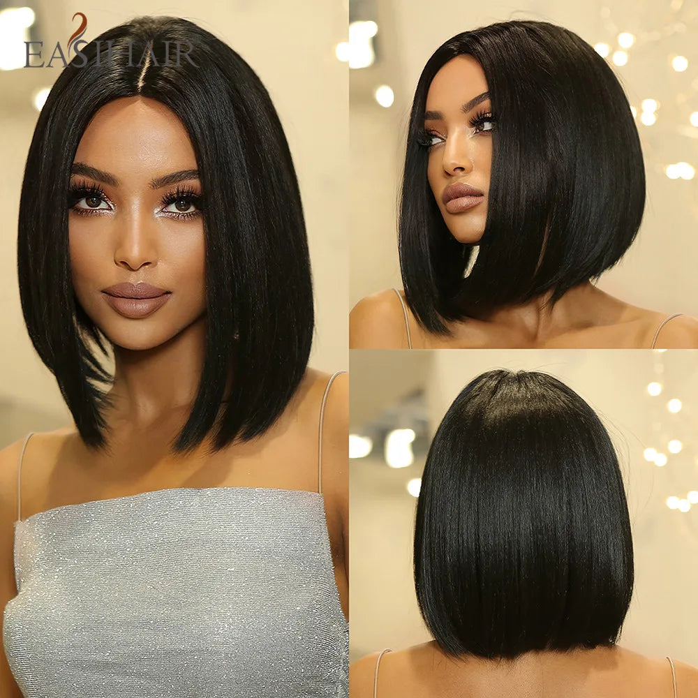 EASIHAIR Synthetic Bob Wig with Bang Short Straight Light Blonde Beige Natural Wigs Hair for Women Daily Cosplay Heat Resistant
