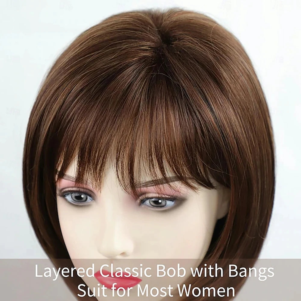 HAIRJOY Synthetic Hair Short Brown Bob Wigs with Bangs for Women  Daily Party Wig
