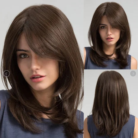 Short Layered Synthetic Wig Ombre Brown Medium Length Straight Natural Looking Hair Wigs with Bangs Heat Resistant Hair Style for Women Daily Use