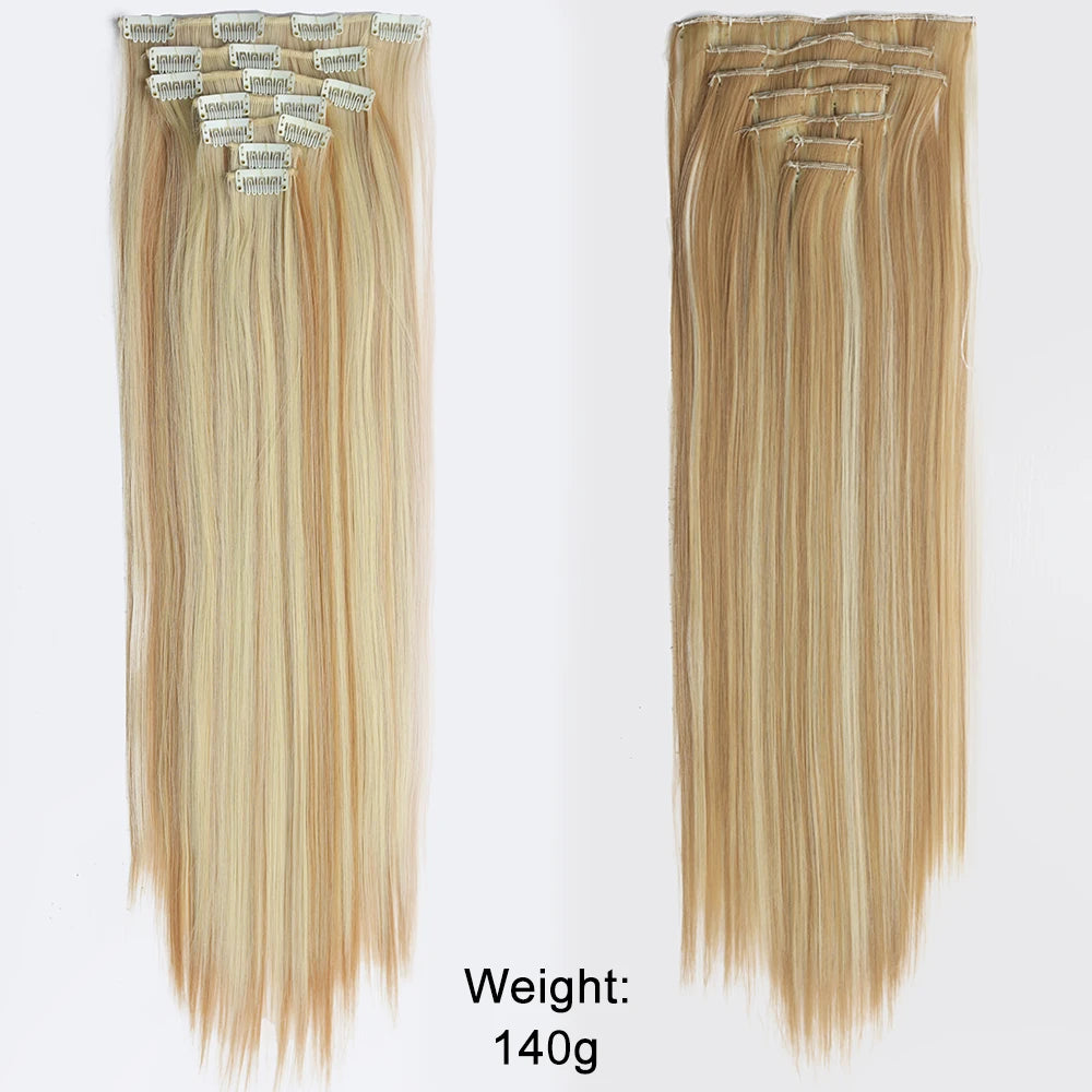 7Pcs/Set 16 Clips Wig Hair Accessories Extension Black Long Straight Natural Hair Wigs Ombre Hairpiece Heat Resistant Fiber For Women Hair Style