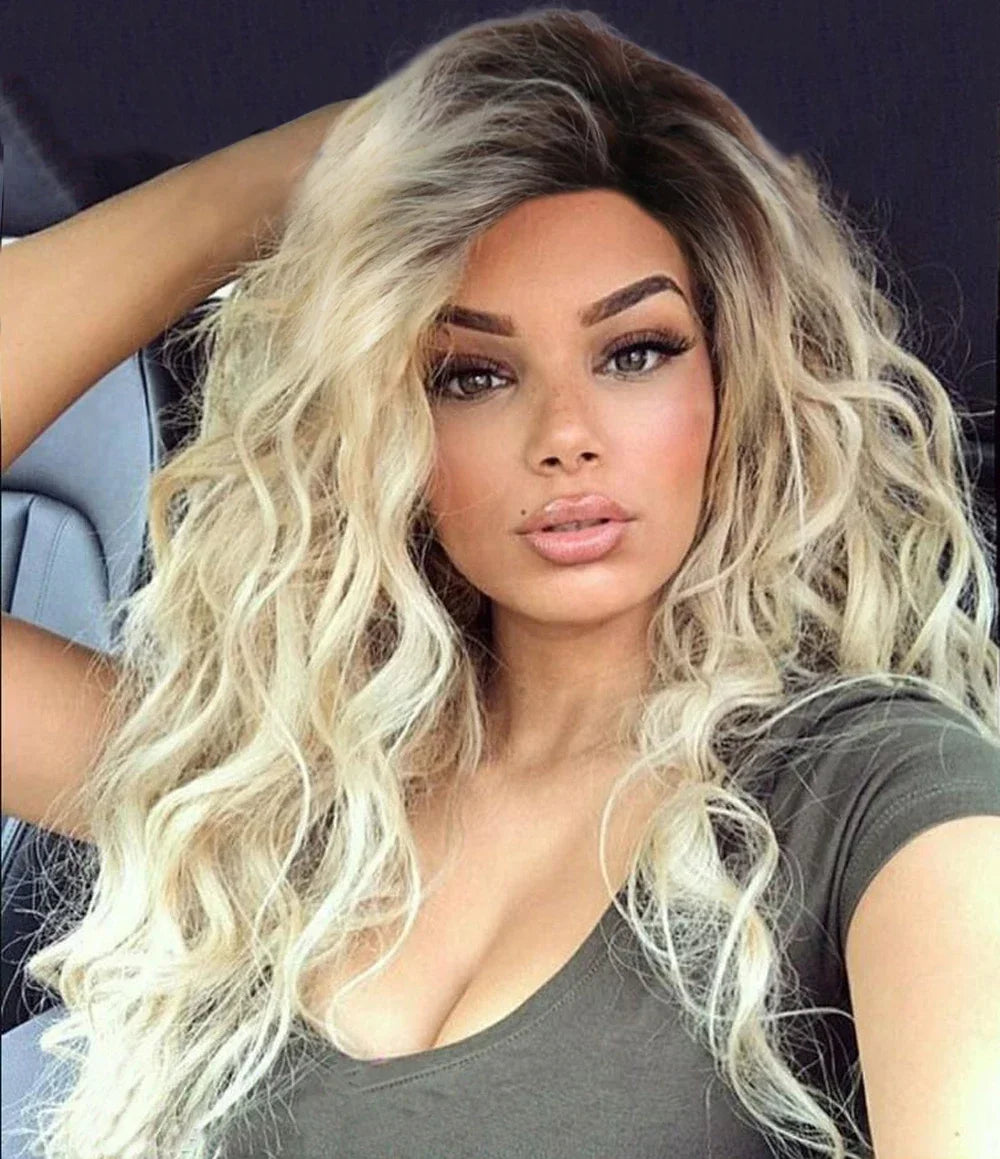Womens Wig Long Synthetic Hair Ombre Blonde Curly Hair Wigs Female Natural Wavy Drag Queen Regular Wig 80s Gradient Hair Style Wigs for Student