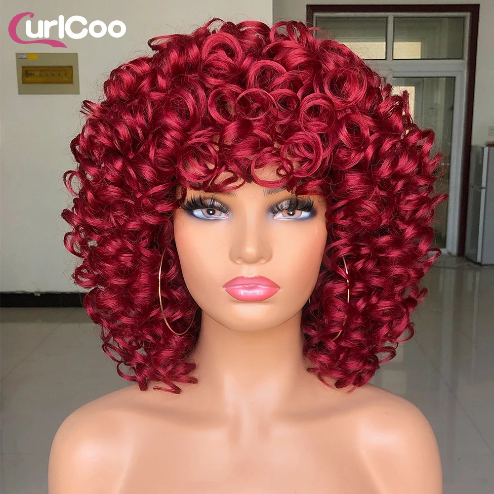 Short Hair Afro Curly Wig Natural Blonde Hair Wigs with Bangs Fluffy Synthetic Ombre Cosplay Lolita Wigs For Black Women