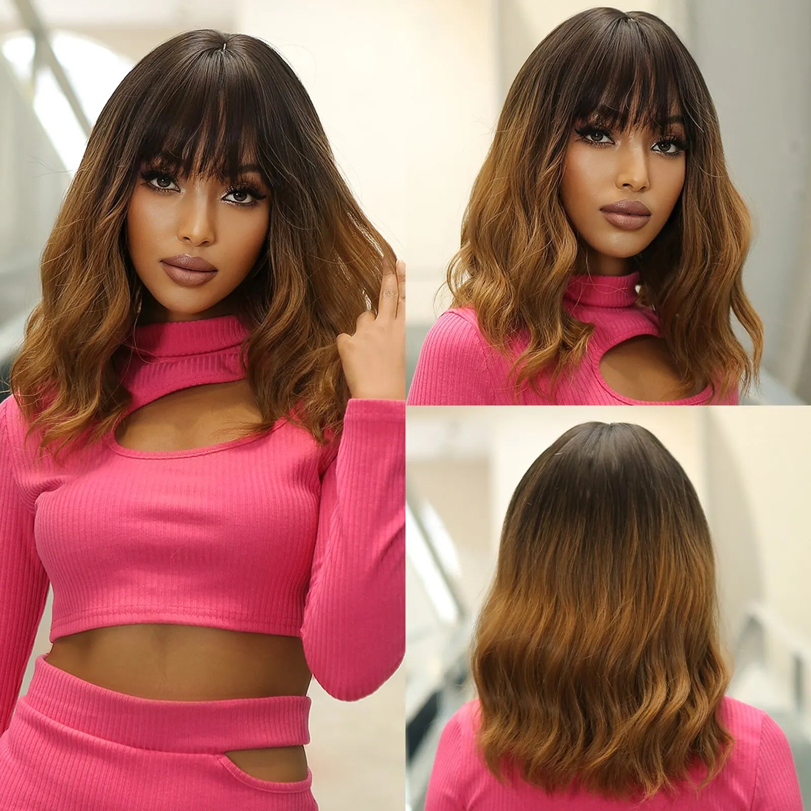 Women Grey Wavy Bob Wigs with Bangs Short Blonde Ombre Synthetic Hair Wigs With with Dark Roots Natural Hair Style for Women Daily Use