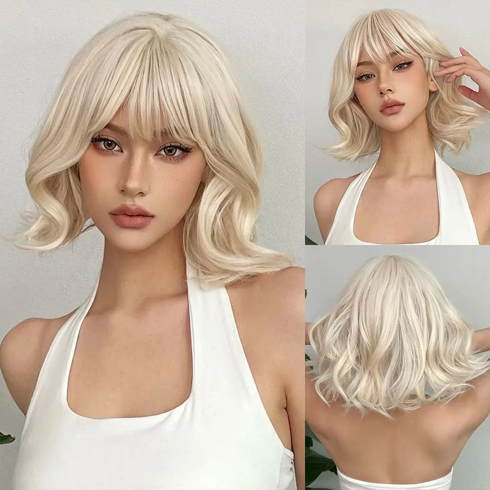 Blonde Short Curly Bob Synthetic Wig with Bangs Platium Golden Lolita Cosplay Wigs for Women Daily Party Cosplay Heat Resistant of Hair Wigs
