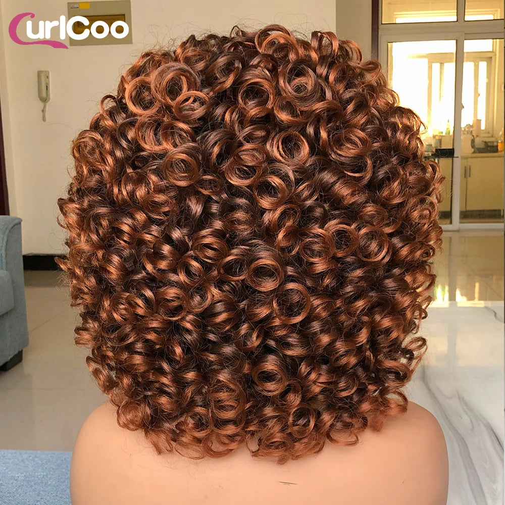 Short Hair Afro Curly Wig Natural Blonde Hair Wigs with Bangs Fluffy Synthetic Ombre Cosplay Lolita Wigs For Black Women