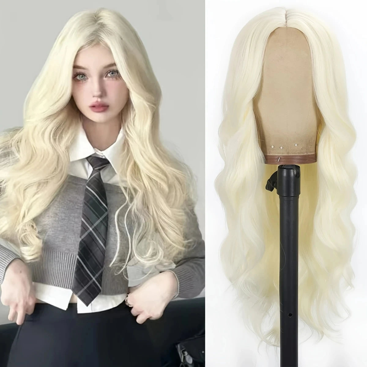 Gray long curly hair style synthetic wig with big waves, Halloween cosplay wigs, daily wig, high-temperature hair fiber wig set