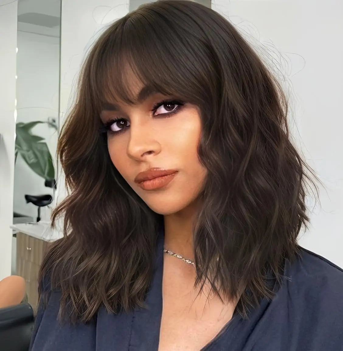 Short Brown Highlight Wigs With Bangs Natural Wavy Hair Style Wigs For White Women Heat Resistant Synthetic Bob Wig Shoulder Length