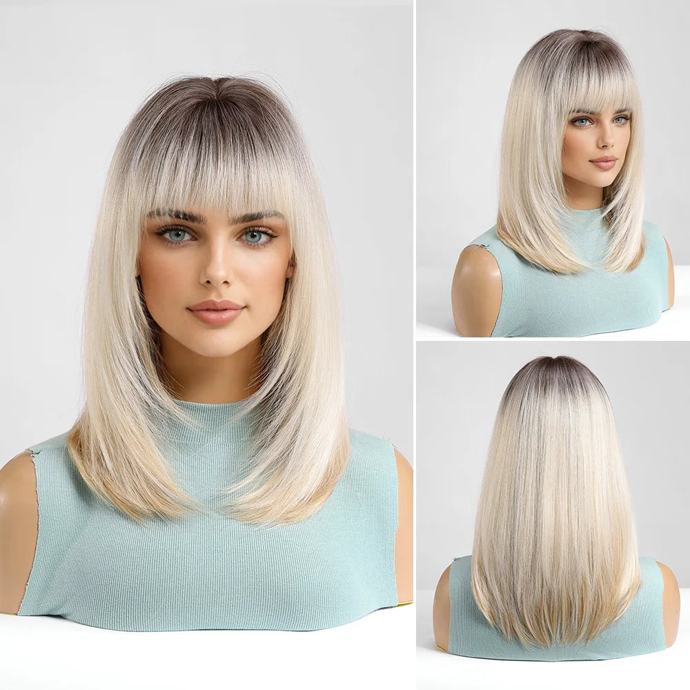 EASIHAIR Short Straight Bob Hair Wigs Synthetic Wig for Women Brown Straight Natural Wigs with Eight Character Daily Cosplay for Women Hair Style
