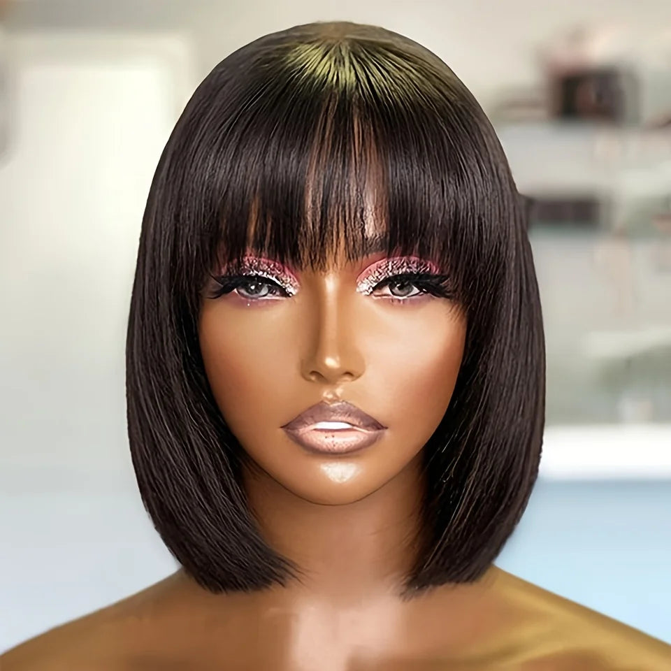 Straight Short Bob Wig With Bangs Vietnamese 100% Human Hair Double Drawn Bob Wigs Glueless Straight Wigs On Sale Clearance 180%bbb haircjvjvjvv