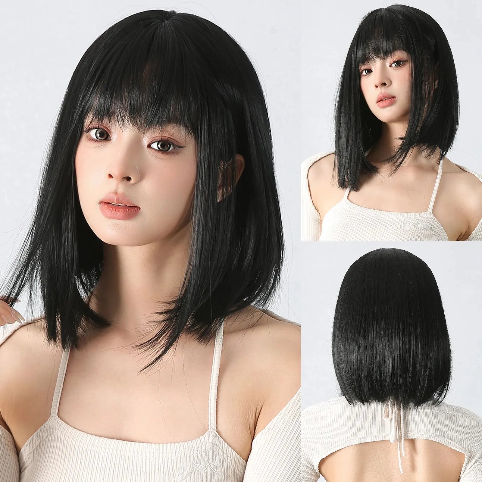Short Straight Bob Synthetic Wigs Pink Natural Hair Wig with Bangs for Women Cosplay Cute Hair Style Heat Resistant Fiber