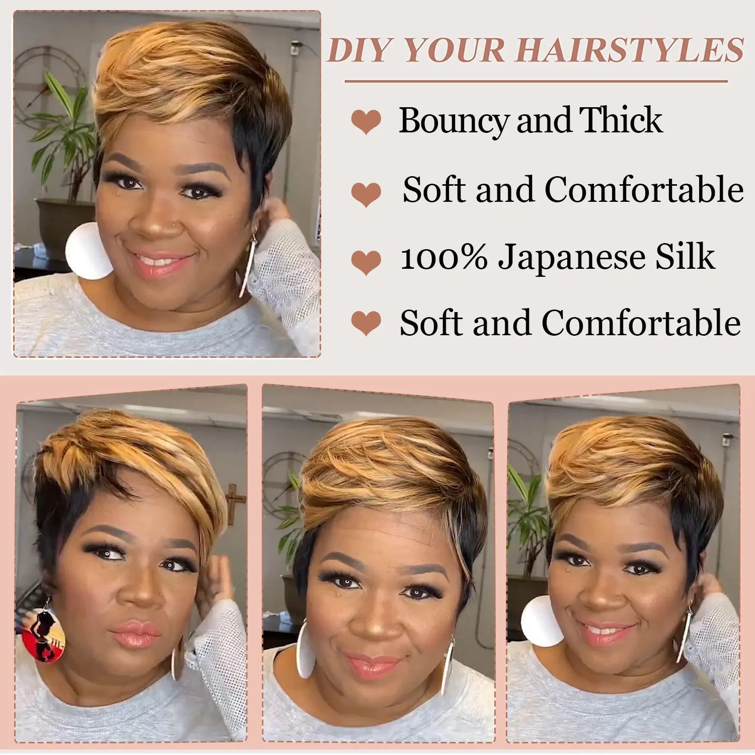 WIGERA Highlight Synthetic Hair Wigs Short Straight  Pixie Cut Hair Bob Wig Honey Gold Mix Black For Woman Daily Use