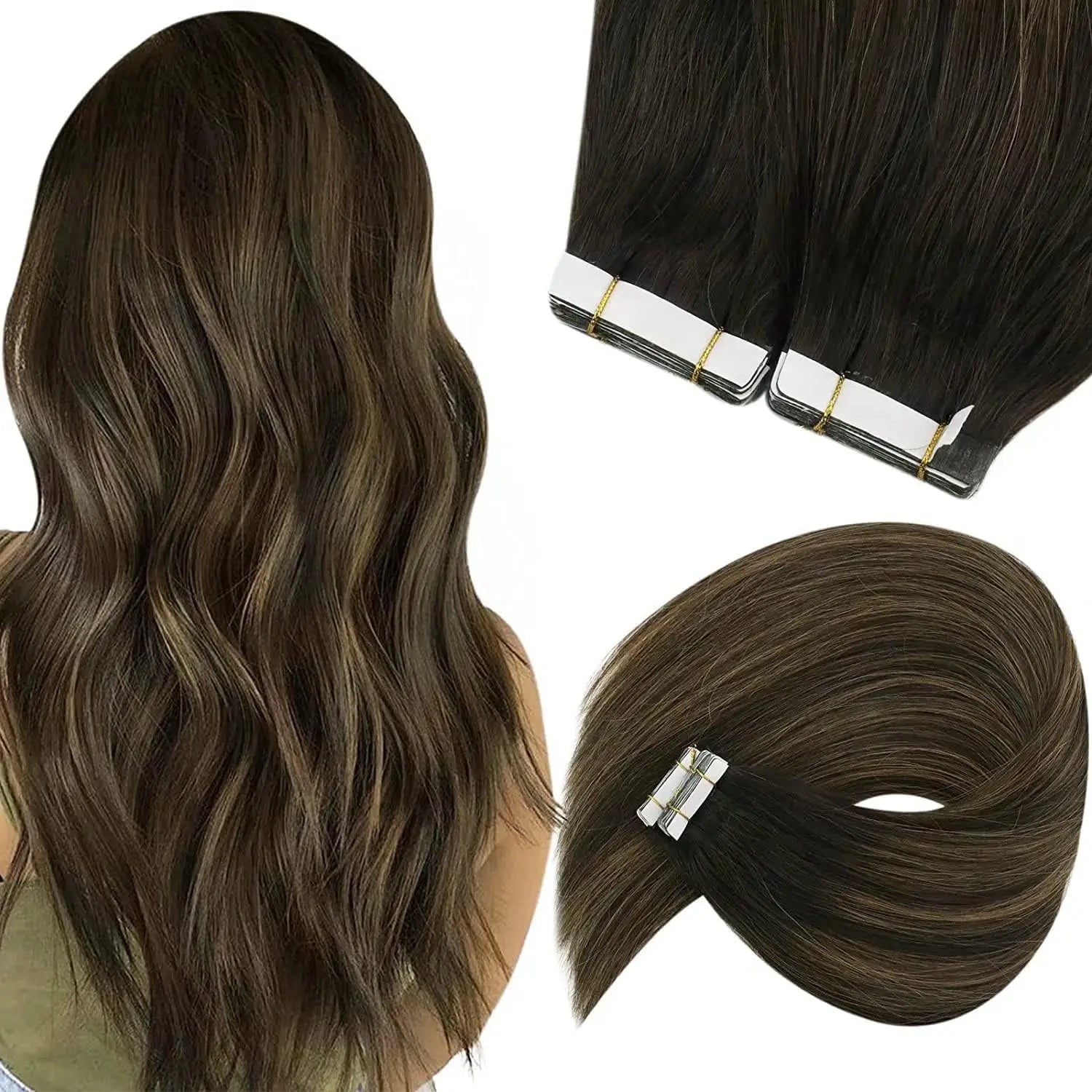 [NEW]VeSunny Tape In Hair Extensions and Accessories Human Hair Wigs Real Natural Hair Balayage Color #4-14-60 Skin Weft Straight Seamless Wig