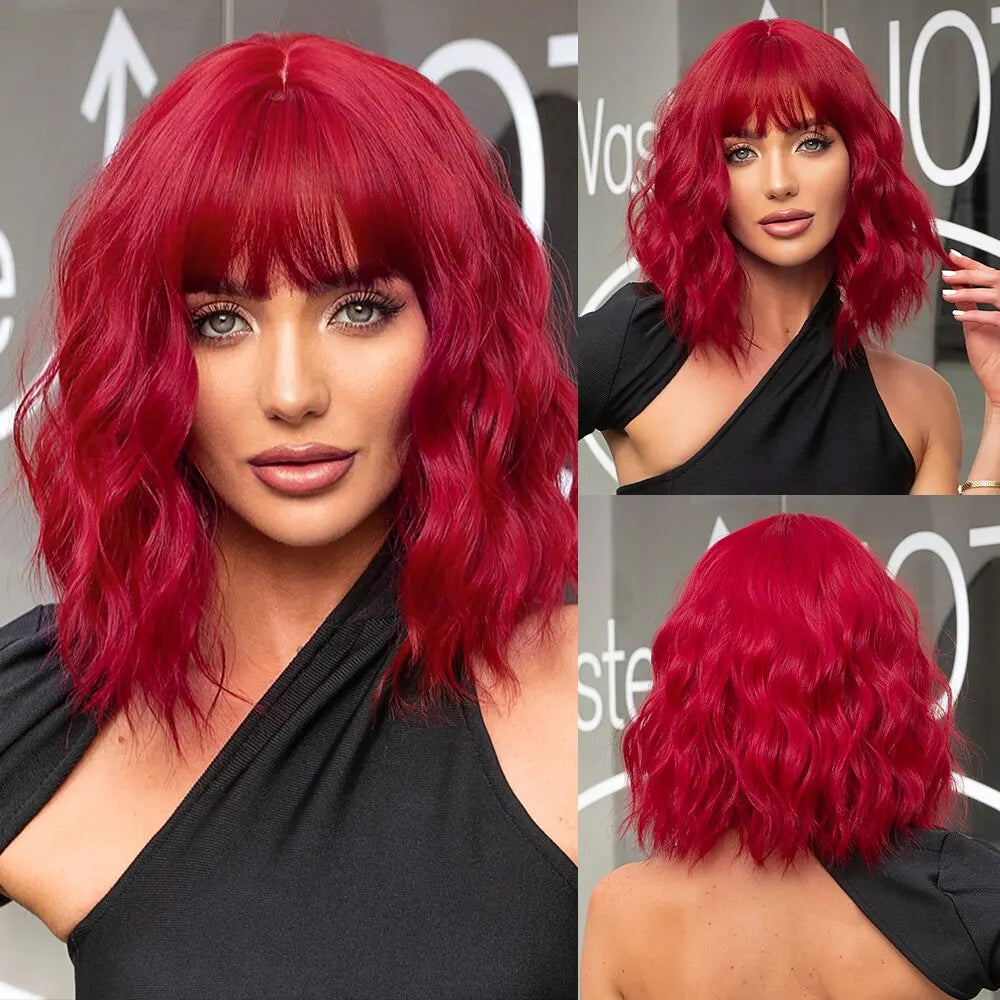 Women Grey Wavy Bob Wigs with Bangs Short Blonde Ombre Synthetic Hair Wigs With with Dark Roots Natural Hair Style for Women Daily Use