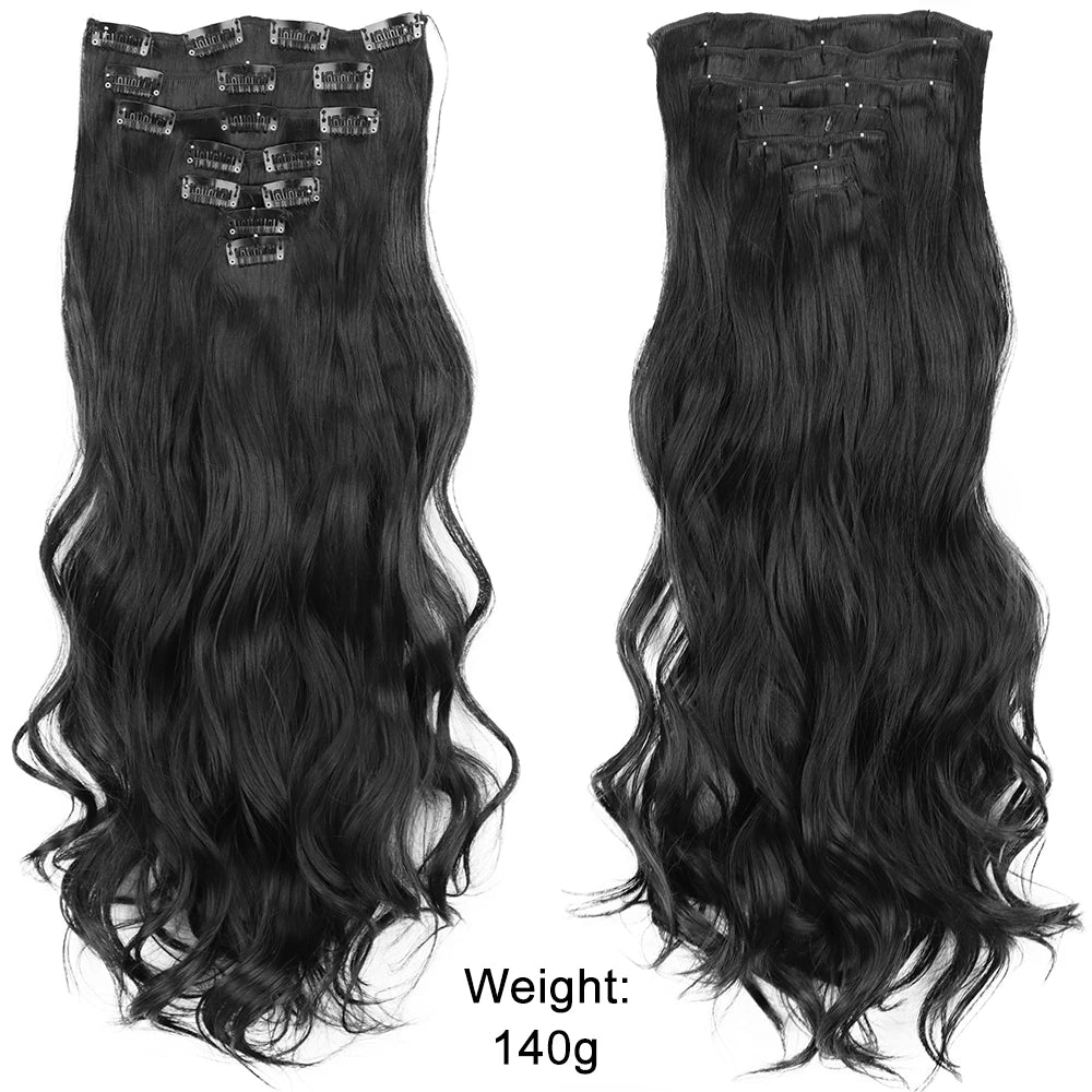7Pcs/Set 16 Clips Wig Hair Accessories Extension Black Long Straight Natural Hair Wigs Ombre Hairpiece Heat Resistant Fiber For Women Hair Style