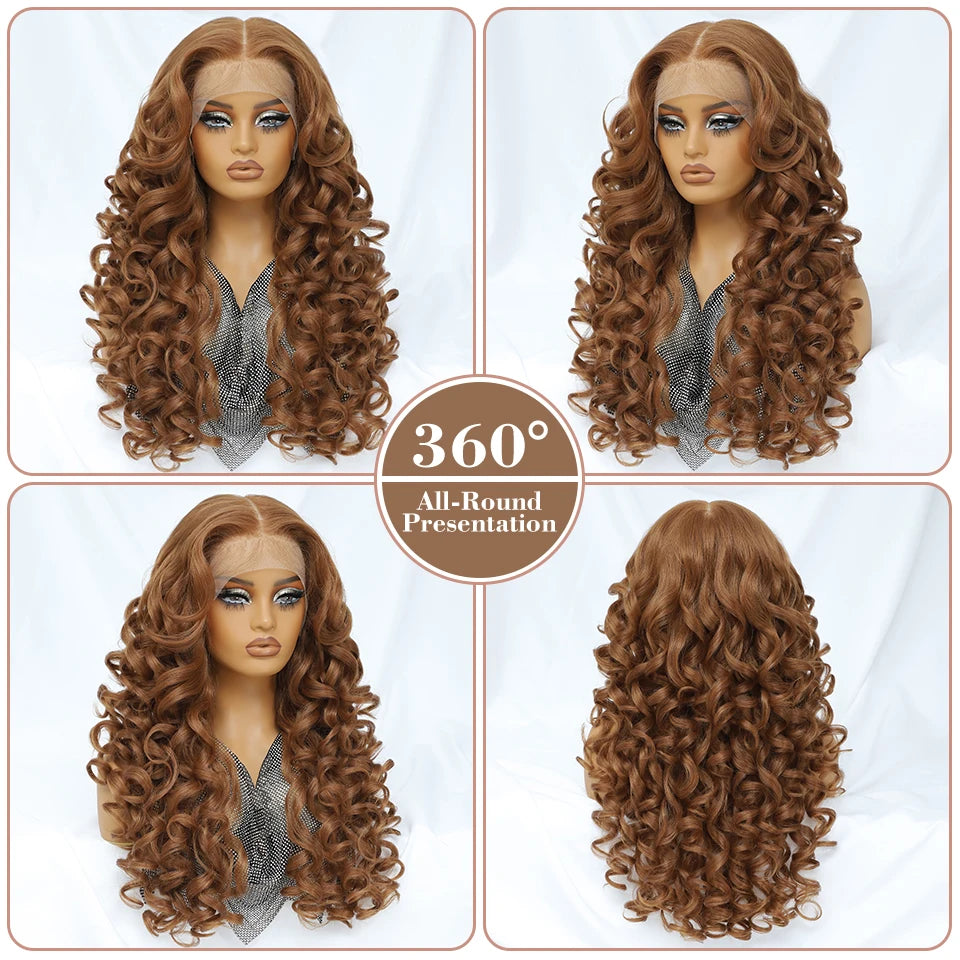 Latisha HD Synthetic Lace Front Wigs Curly Pre Plucked Lace Frontal Wig with Bangs for Women Highlight with Babyhair 24Inch Wigs