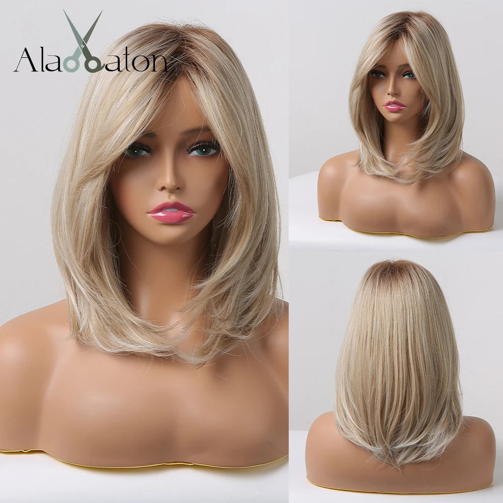 ALAN EATON Layered Synthetic Wig with Bangs Straight Short Highlights Blonde Hair Wigs with for Women Daily Use