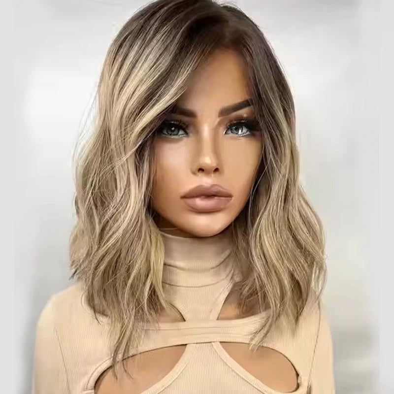Authentic European Blonde Synthetic Wigs Brown Root short Hair Style Wig Jewish Hair 13x4 Lace Front Wig For Women Daily Party Use