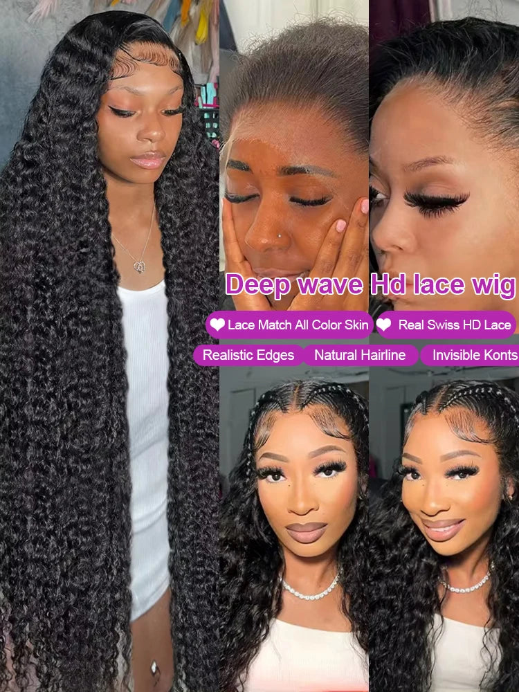 Transparent 250% Density Water Culry 360 Full Lace Frontal Wig Human Hair 40Inch Deep Wave 13x4 13x6 Hd Lace Front Wigs For Women
