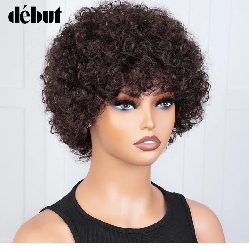 Short Pixie Afro Kinky Curly Wig Natural Brown Bob Wig with Bangs Brazilian Remy Human Hair Wigs Jerry Curly For Women