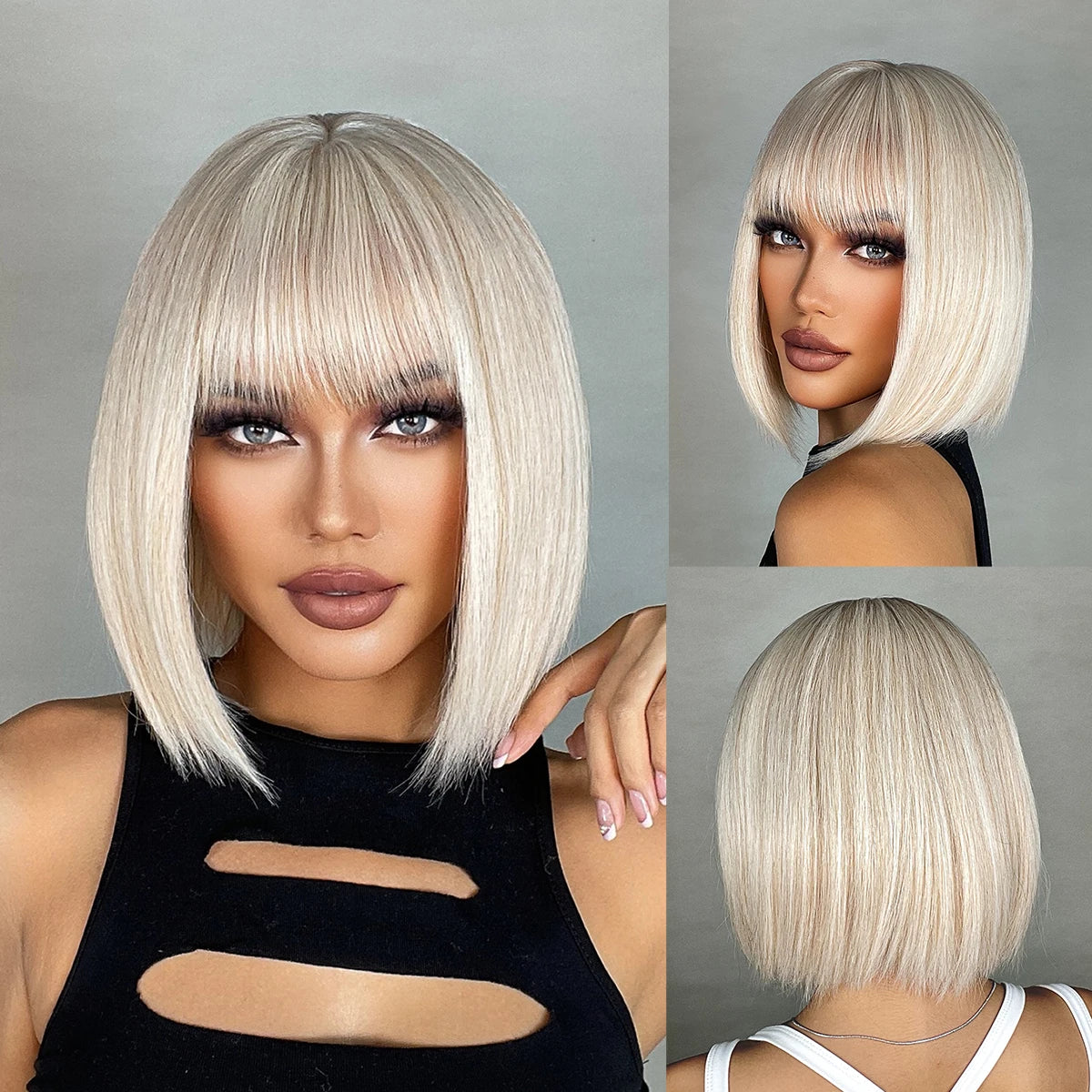 Brown Blonde Ombre Synthetic Hair Wigs Short Straight Bob Wig for Women Middle Part Lolita Cosplay Natural Hair Heat Resistant Fiber