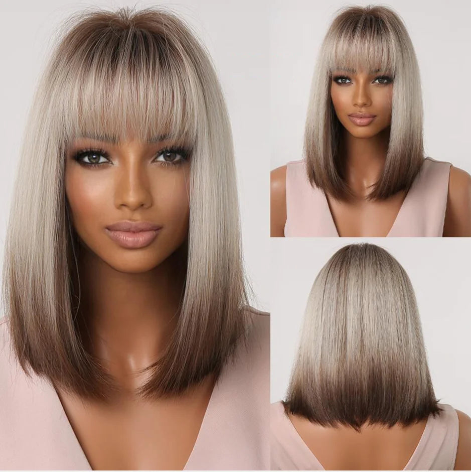 ALAN EATON Layered Synthetic Wig with Bangs Straight Short Highlights Blonde Hair Wigs with for Women Daily Use