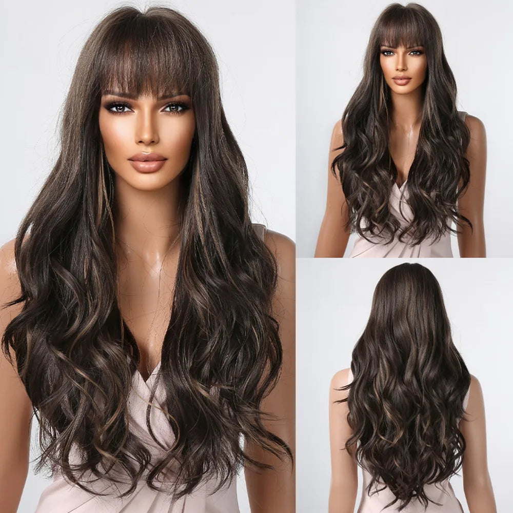 28 Inch Long Curly Wig With Bangs Ombre Brown Hair Style Wigs For Women Highlight Blonde Synthetic Wig For Daily Party Heat Resistant