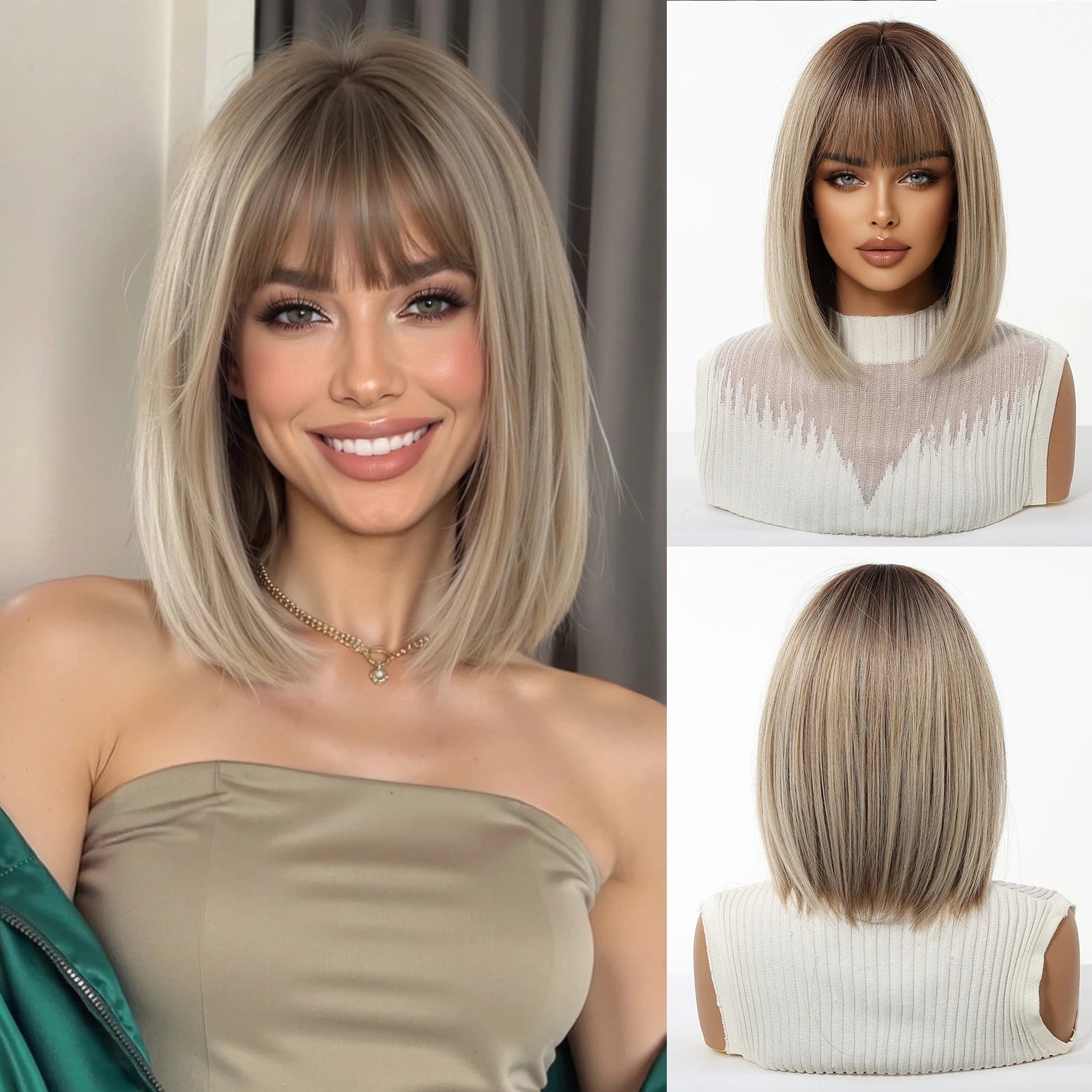 EASIHAIR Short Straight Bob Hair Wigs Synthetic Wig for Women Brown Straight Natural Wigs with Eight Character Daily Cosplay for Women Hair Style