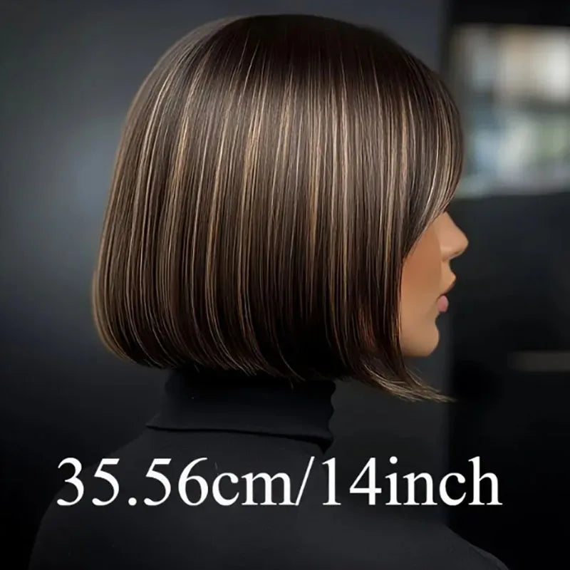 Highlight-Blended Brown Short Bob Cut Wig with Straight Bangs (Synthetic Fiber) - Perfect for Women's Hair Wigs Daily Wear, Parties, Celeb