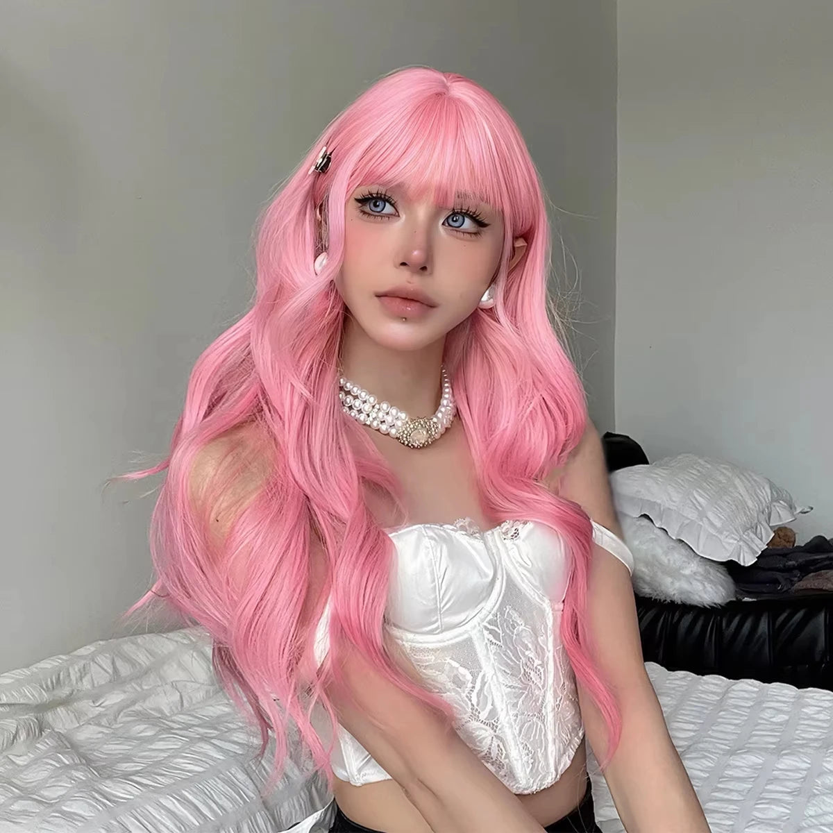 Pink synthetic wig with big waves for Halloween party, cosplay wigs, daily wig, high-temperature hair accessory wig set