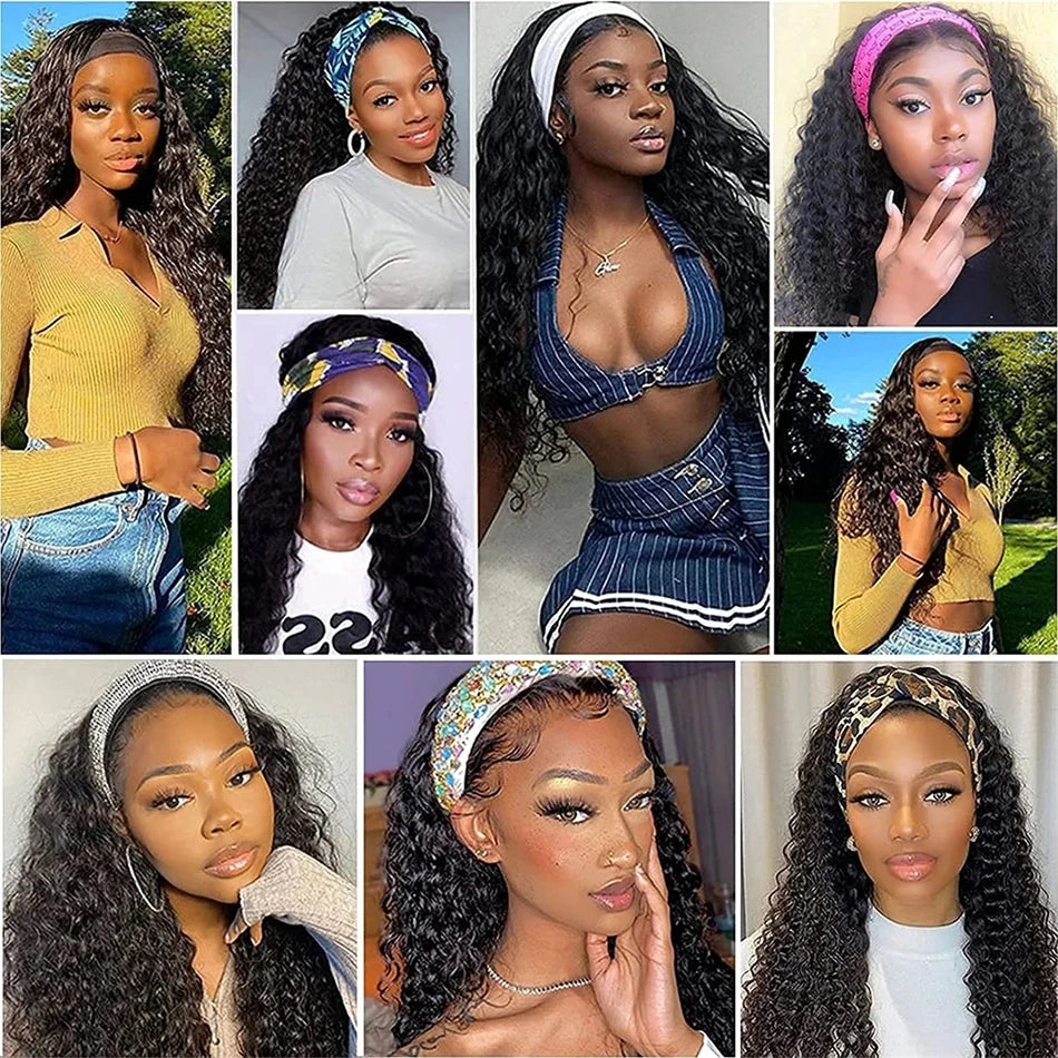 Jerry Curly Headband Human Hair Wig Brazilian Virgin Hair Perfect Natural Afro Look No Lace Needed 250% Scarf Machine Made Wig