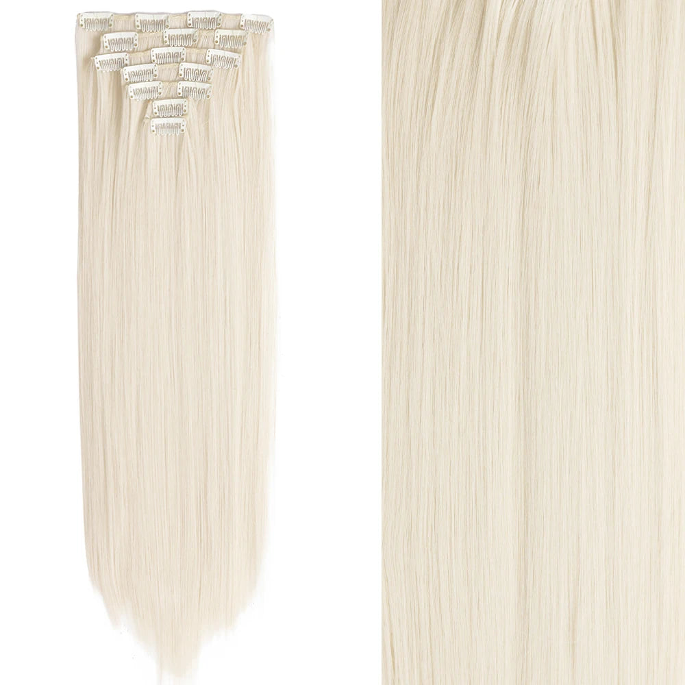7Pcs/Set 16 Clips Wig Hair Accessories Extension Black Long Straight Natural Hair Wigs Ombre Hairpiece Heat Resistant Fiber For Women Hair Style