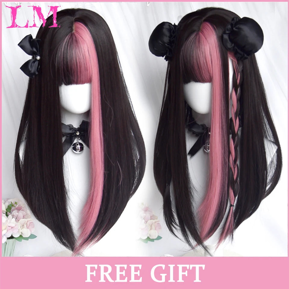 LM Cosplay Wig With Bangs Synthetic Straight Hair Wigs 24 Inch Long Heat-Resistant Pink Hair Style For Women