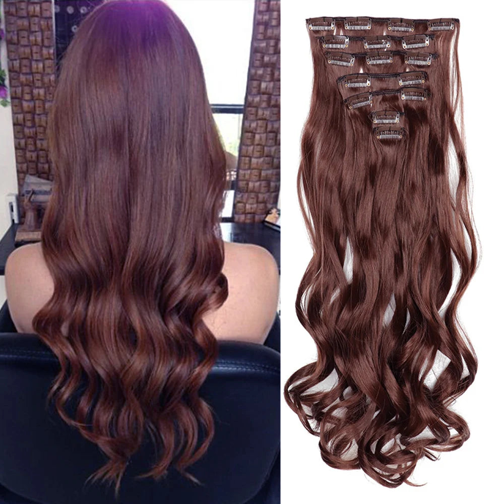 Clip In Wig Hair Extensions 7 PCS Full Head 22 Inch Long Curly Wavy Synthetic Hair Wigs Pieces Natural Wavy For Women Girls Hair Style