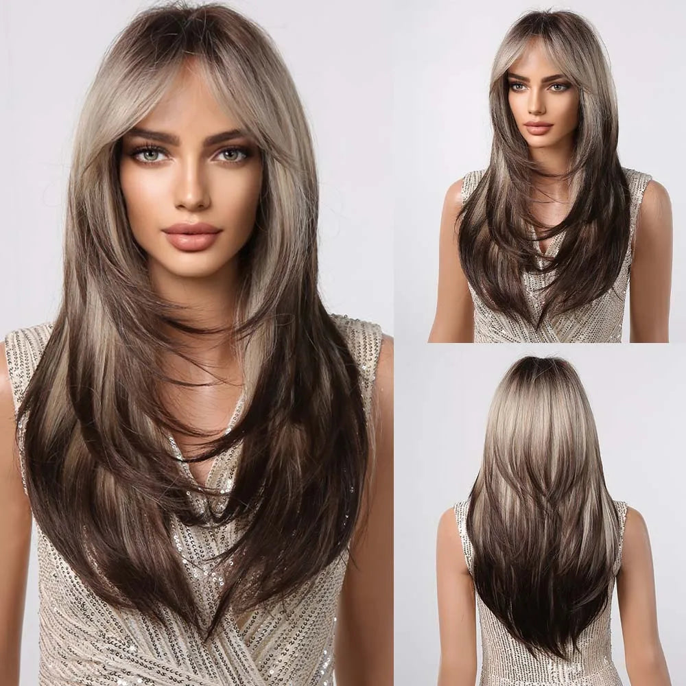 ALAN EATON Long Blonde Wig for Women Synthetic Hair Wigs with Fringe Ombre Color with Dark Roots Layered We Heat Resistant Hair Style