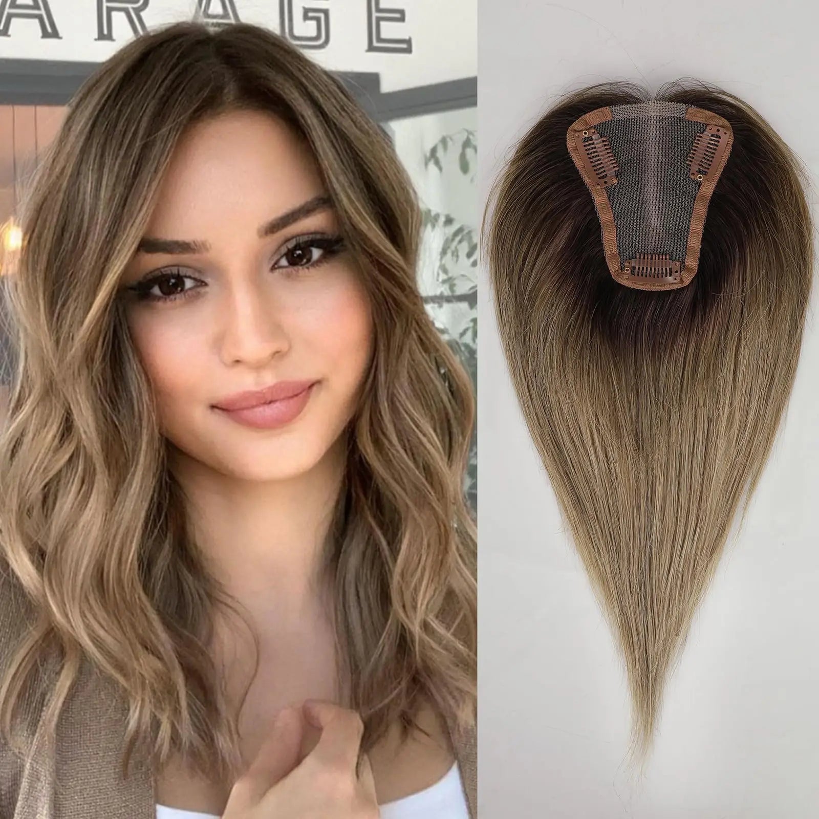 Blonde Ombre 100% Remy Human Hair Toppers Clips In Hair Lace Base Topper Hairpieces for Women Hair Extensions 12 Inch Straight