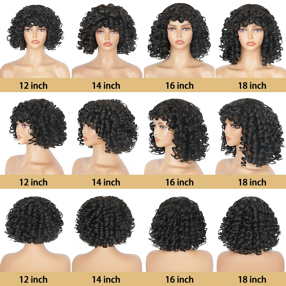 Short Curly Bob Wig Human Hair With Bangs Ready to Go Glueless Bouncy Curly Human Hair Wigs Machine Made Afro Wigs for Women Hair Style