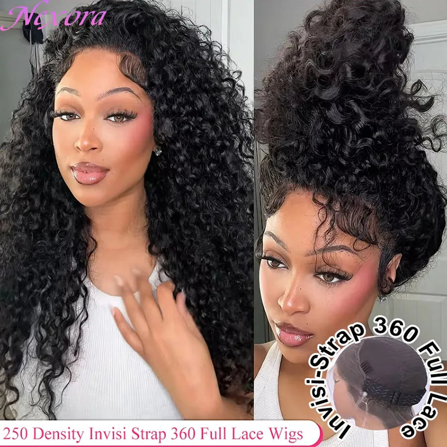 Nexora Curly Wigs 1b Black Wig Water Wave 360 human hair full lace wig Deep Wave Inviscid Strap Glueless Lace Wigs Bleached Knotted