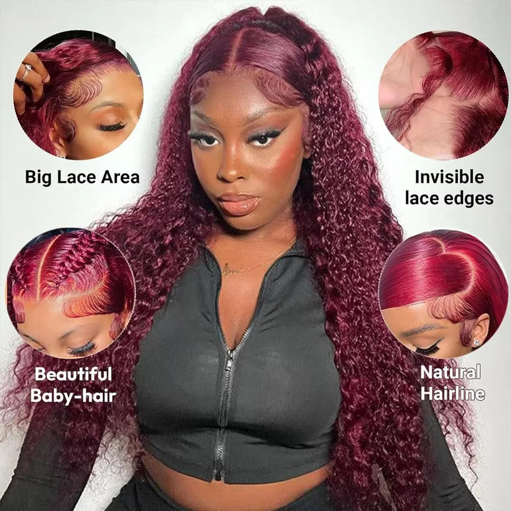 30 Inch Burgundy 99 Deep Wave Frontal Wig Colored Curly Human Hair Wigs 250% Density 13x4 13x6 HD Lace Frontal Human Hair Style Wigs