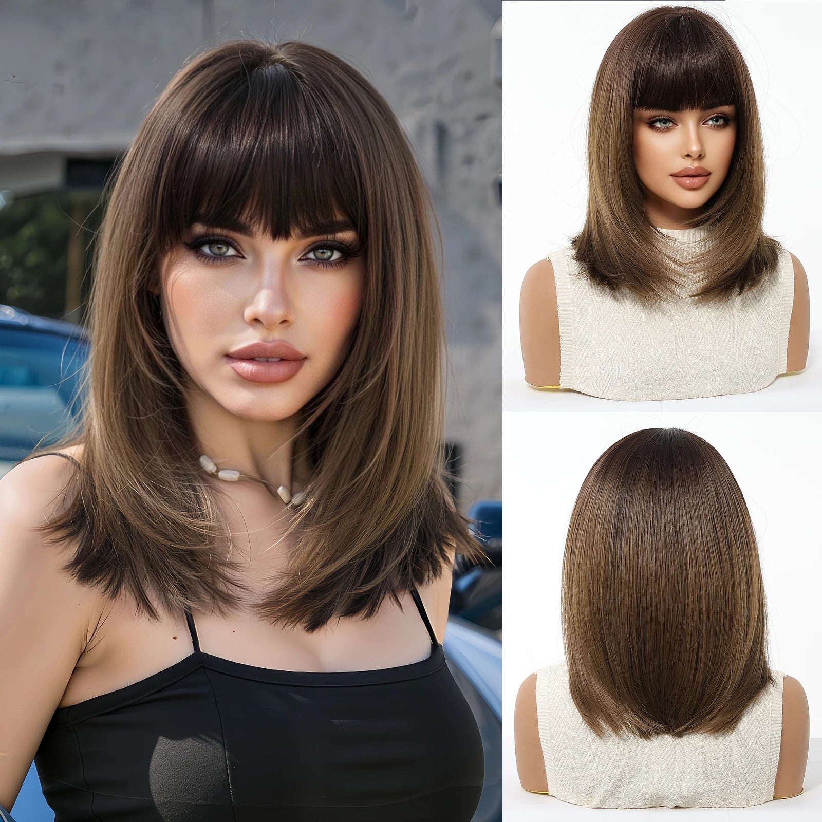 EASIHAIR Short Straight Bob Hair Wigs Synthetic Wig for Women Brown Straight Natural Wigs with Eight Character Daily Cosplay for Women Hair Style