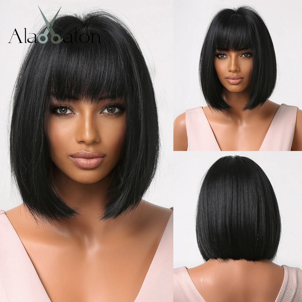 ALAN EATON Layered Synthetic Wig with Bangs Straight Short Highlights Blonde Hair Wigs with for Women Daily Use