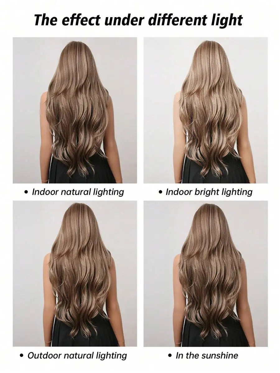 28 Inch Long Curly Wig With Bangs Ombre Brown Hair Style Wigs For Women Highlight Blonde Synthetic Wig For Daily Party Heat Resistant