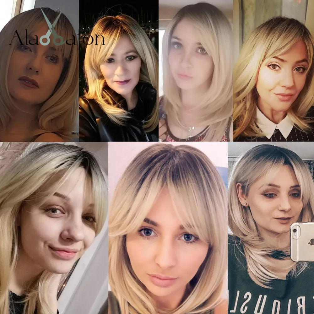 ALAN EATON Long Blonde Wig for Women Synthetic Hair Wigs with Fringe Ombre Color with Dark Roots Layered We Heat Resistant Hair Style