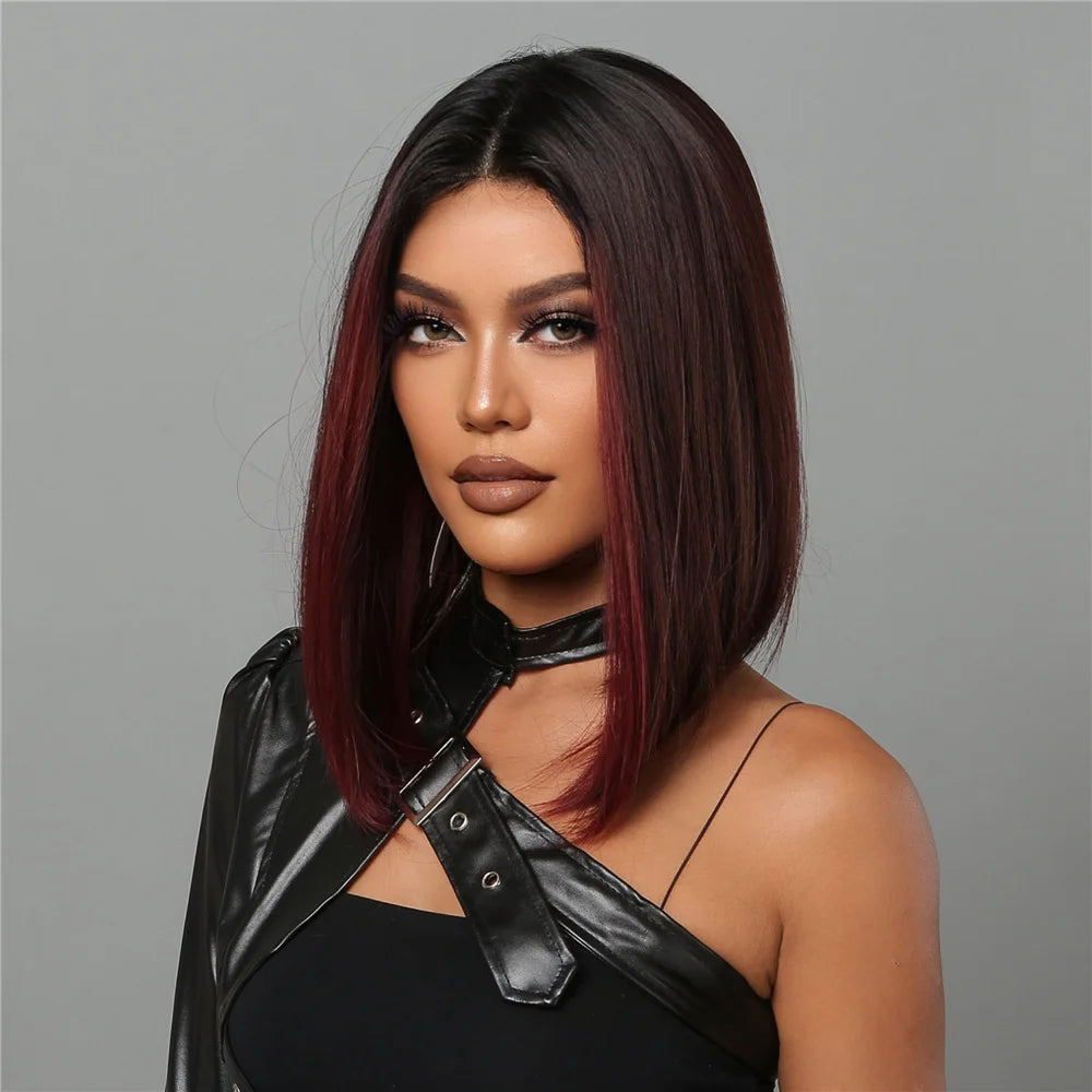 Medium Length Chestnut Brown Synthetic Wigs Hair Middle Part Wine Red Highlights Straight Wig Heat Resistant for Women Party Cosplay