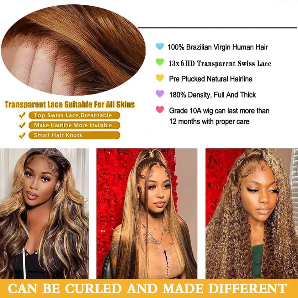 P4/27 Straight Lace Front Wigs Human Hair Pre Plucked 180% Density 13x6 Highlight Ombre Lace Front Wig Human Hair Women 30 Inch
